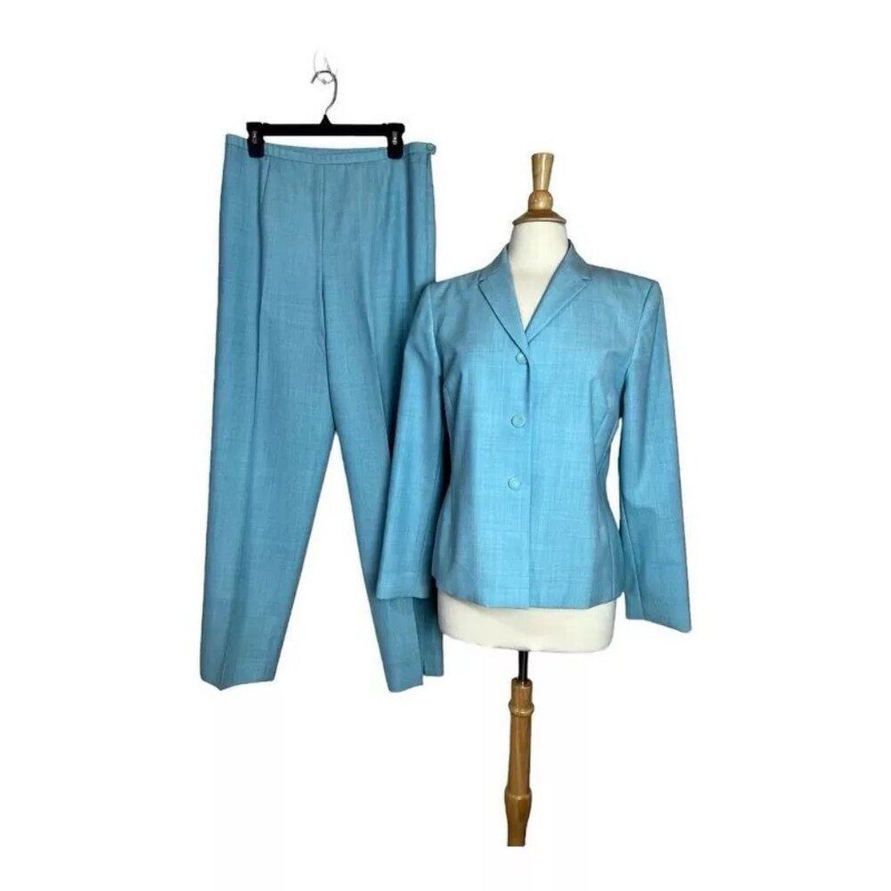 Pendleton Women's Pant Suit Virgin Wool 2 Piece Jacket Blazer Turquoise Blue VTG